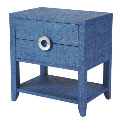 Raffia Nightstand with 2 Drawers, Coastal Bedside End Table for Bedroom, Blue