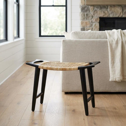Coastal Rattan Accent Stool with Distressed Wood Finish for Living Room