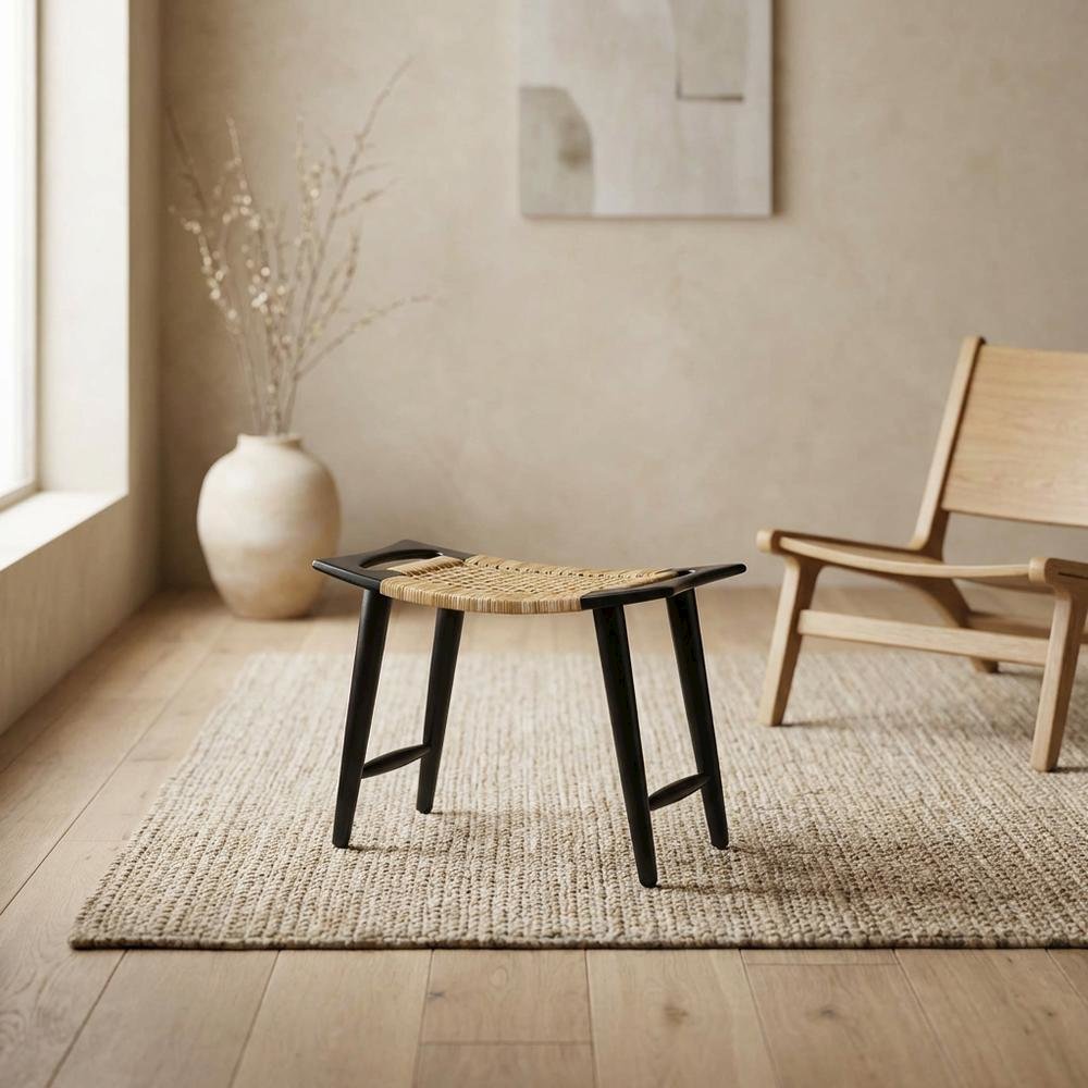 Coastal Rattan Accent Stool with Distressed Wood Finish for Living Room