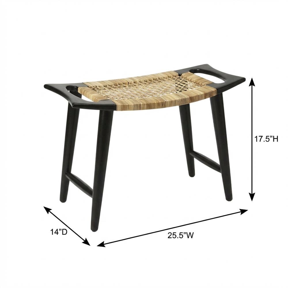 Coastal Rattan Accent Stool with Distressed Wood Finish for Living Room