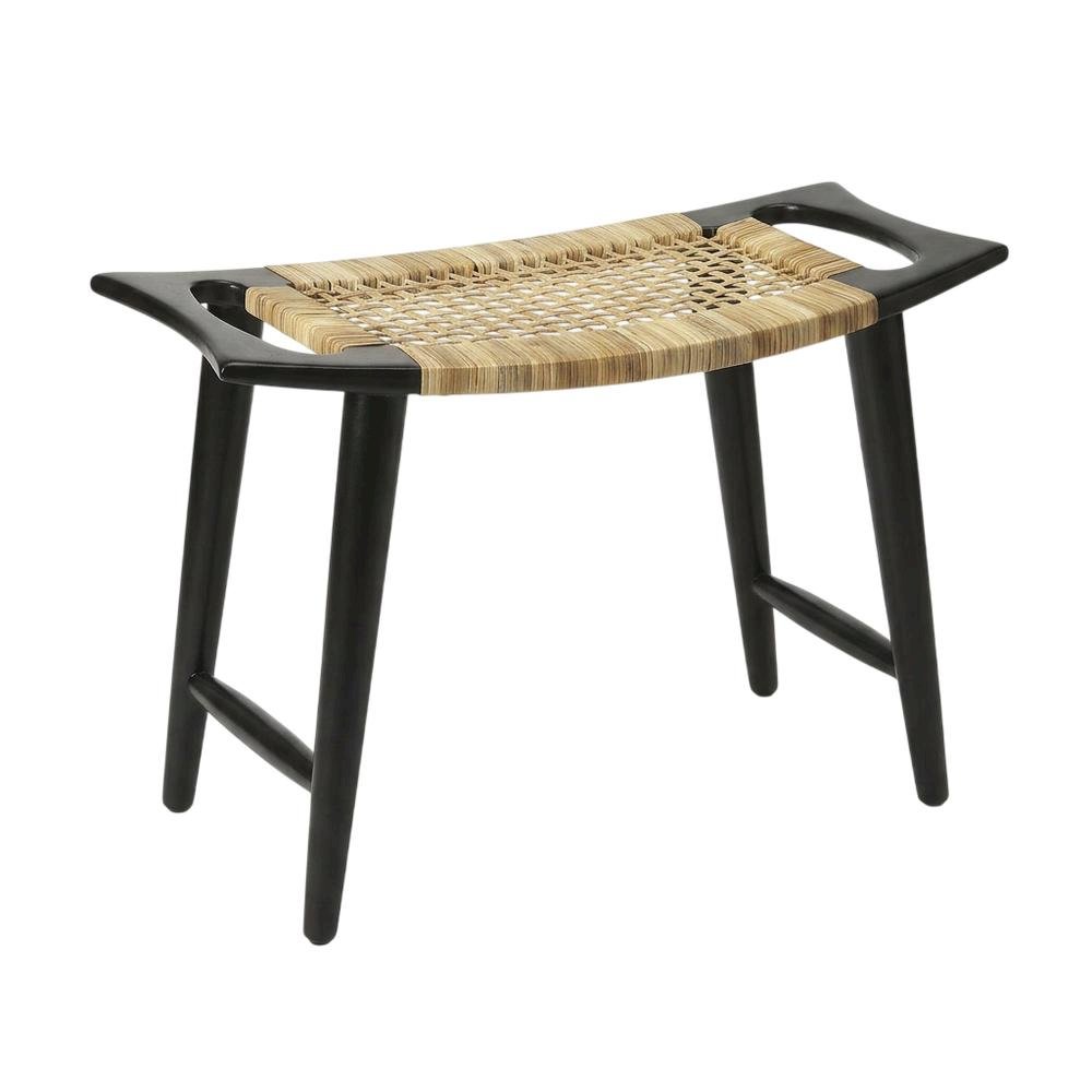Coastal Rattan Accent Stool with Distressed Wood Finish for Living Room