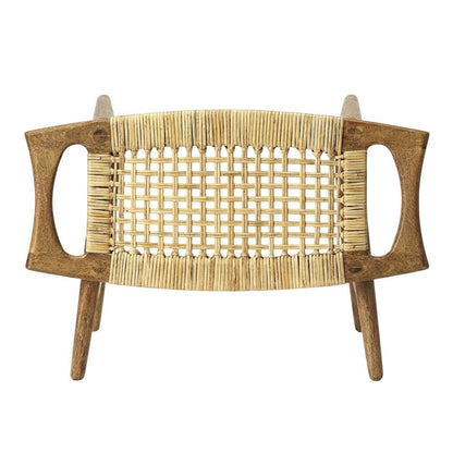 Coastal Wood and Rattan Accent Stool, Rectangular Seat for Living Room