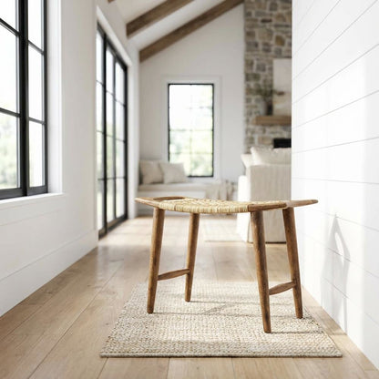 Coastal Wood and Rattan Accent Stool, Rectangular Seat for Living Room