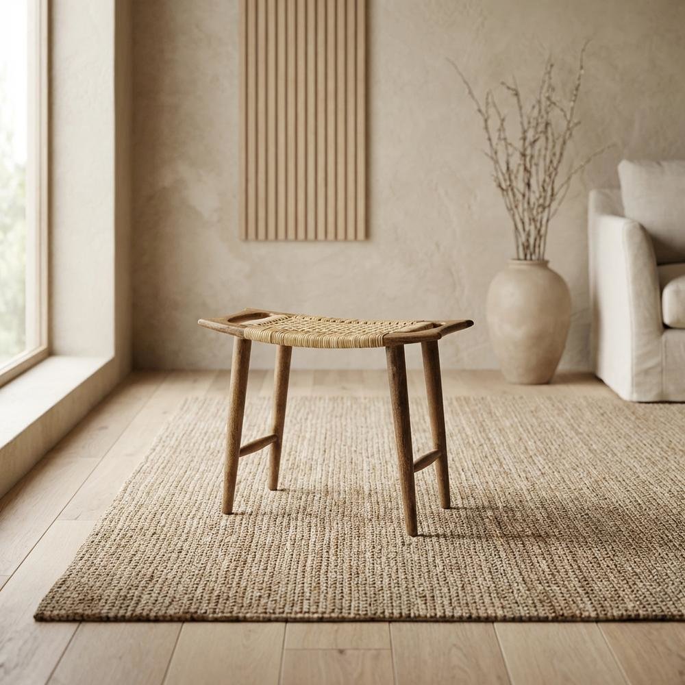Coastal Wood and Rattan Accent Stool, Rectangular Seat for Living Room