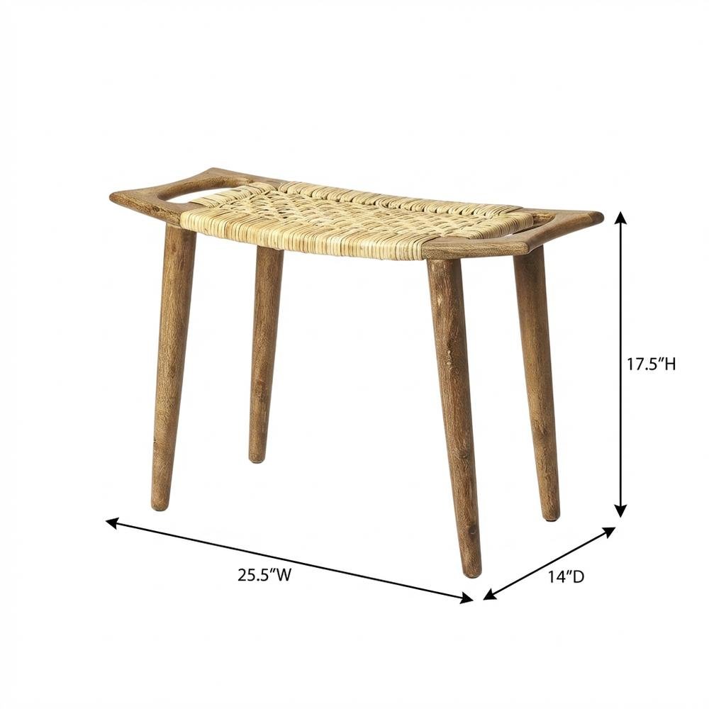 Coastal Wood and Rattan Accent Stool, Rectangular Seat for Living Room