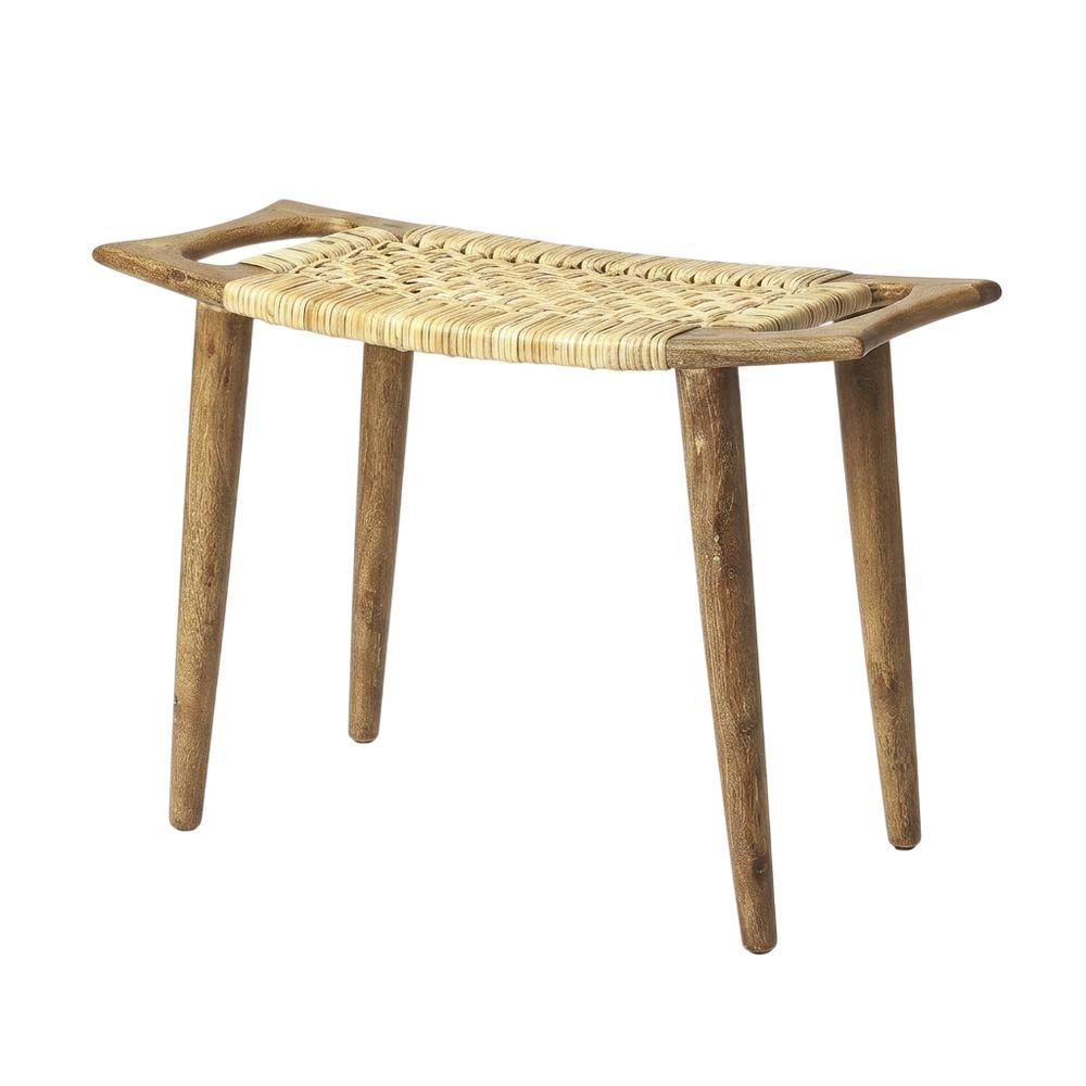 Coastal Wood and Rattan Accent Stool, Rectangular Seat for Living Room