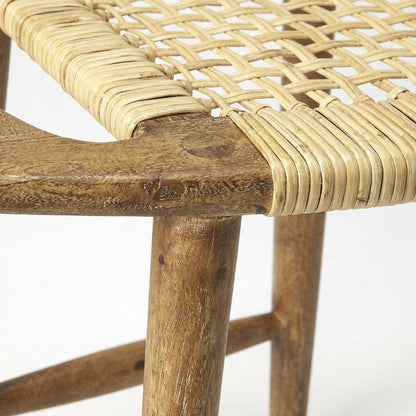 Coastal Wood and Rattan Accent Stool, Rectangular Seat for Living Room