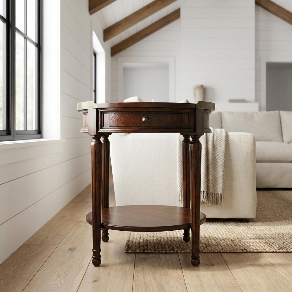 Round Side Table with Drawer, Transitional Accent End Table, Cherry