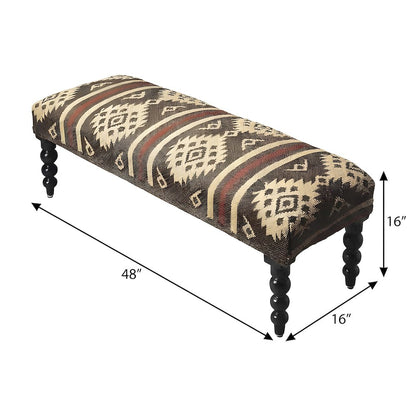 Wool-Upholstered Transitional Bench with Distressed Sheesham Wood Legs