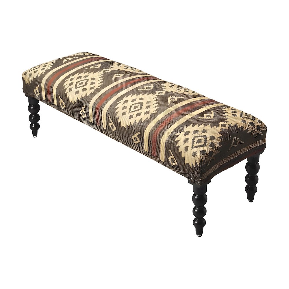 Wool-Upholstered Transitional Bench with Distressed Sheesham Wood Legs