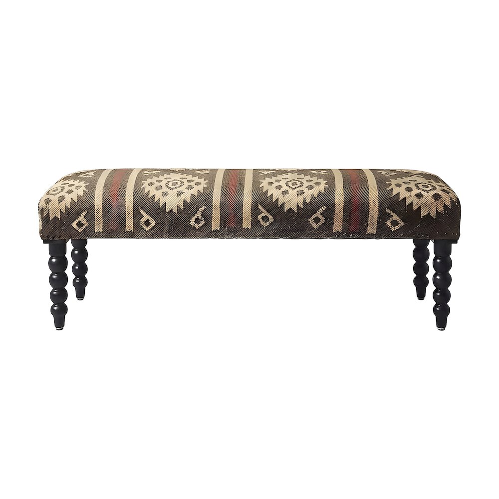 Wool-Upholstered Transitional Bench with Distressed Sheesham Wood Legs