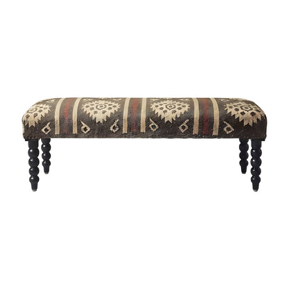 Wool-Upholstered Transitional Bench with Distressed Sheesham Wood Legs