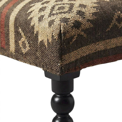 Wool-Upholstered Transitional Bench with Distressed Sheesham Wood Legs