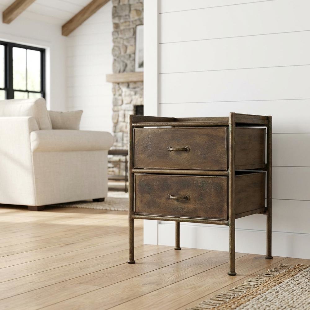 Industrial Side Table with Drawer, Distressed Accent Table for Living Room