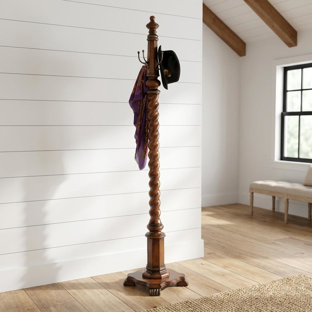 Traditional Wood Hall Tree Coat Rack Floor Stand with Hooks for Entryway, Cherry