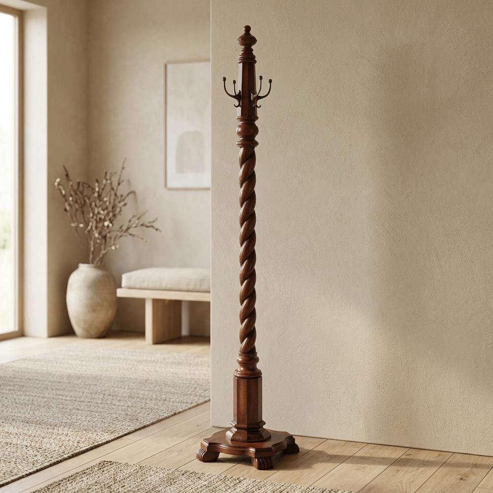Traditional Wood Hall Tree Coat Rack Floor Stand with Hooks for Entryway, Cherry