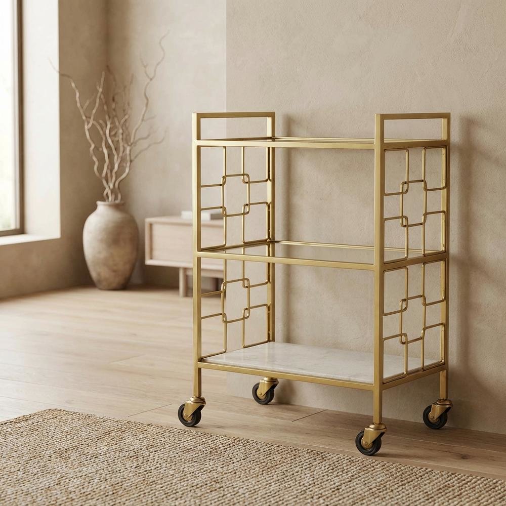 Modern Bar Cart with Distressed Finish, Contemporary Serving Cart for Home Bar