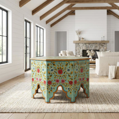 Octagonal Hand Painted Coffee Table, Boho Eclectic Accent Table for Living Room