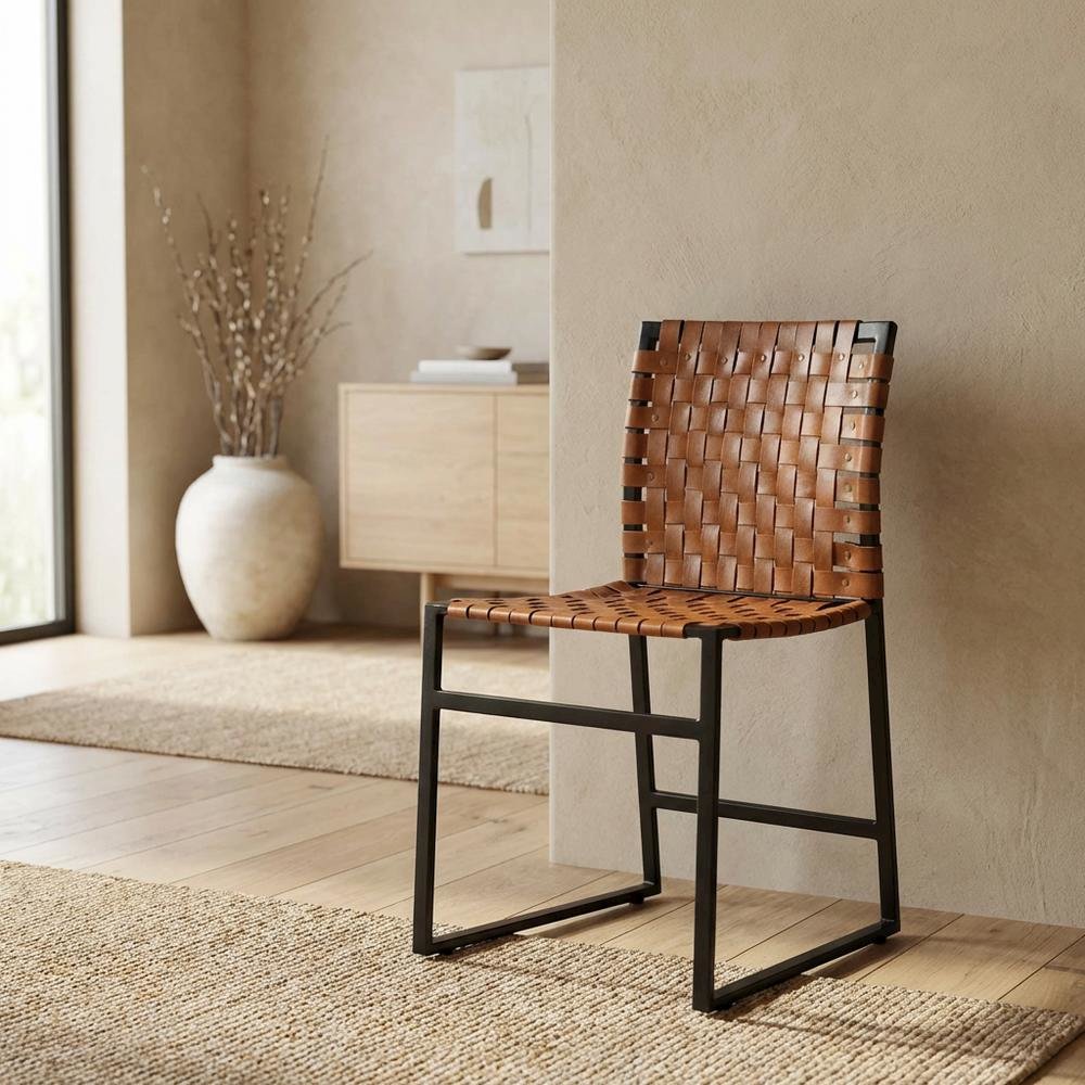 Industrial Leather Side Chair with Sled Base, Accent Chair for Dining Room