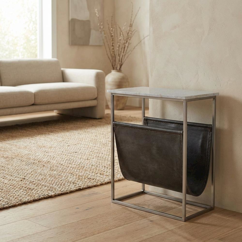 Modern Magazine Table with Marble Top, Metal Accent Side Table for Living Room