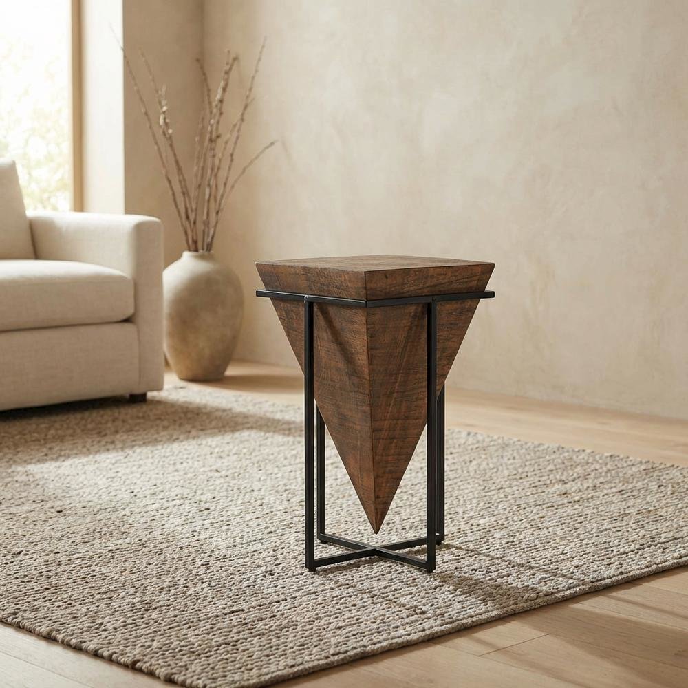 Triangular Wood Accent Table, Modern Contemporary Side Table for Living Room