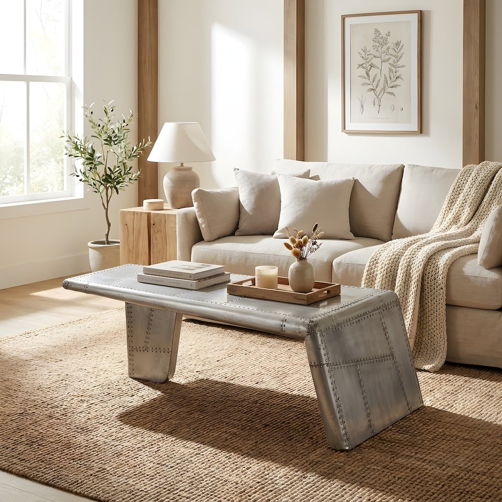 Mango Wood and Aluminum Coffee Table with Distressed Industrial-Style Top