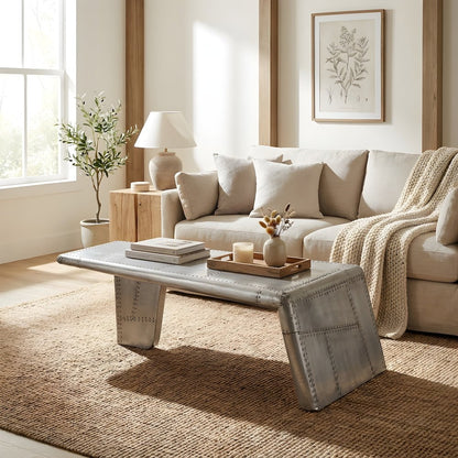Mango Wood and Aluminum Coffee Table with Distressed Industrial-Style Top