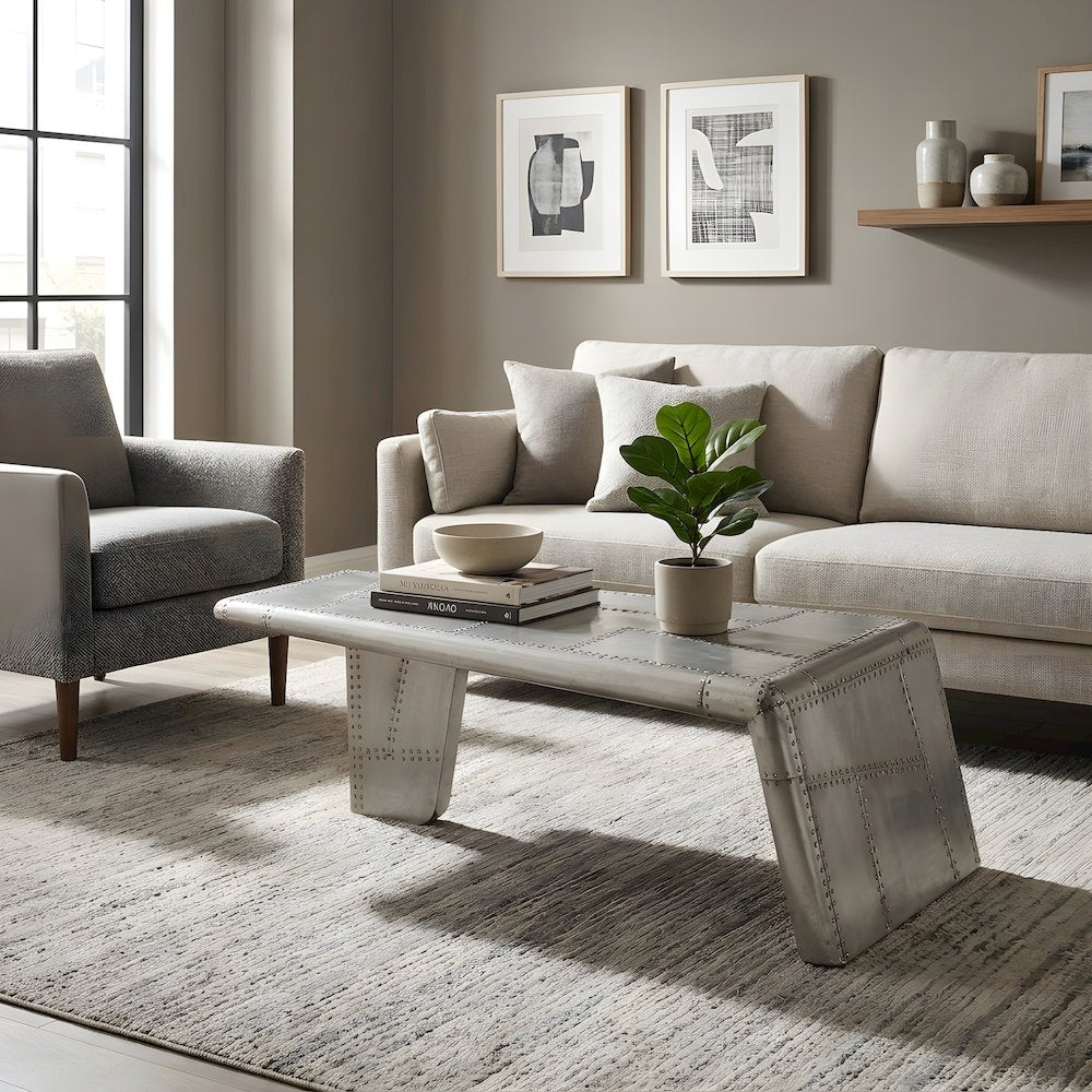Mango Wood and Aluminum Coffee Table with Distressed Industrial-Style Top