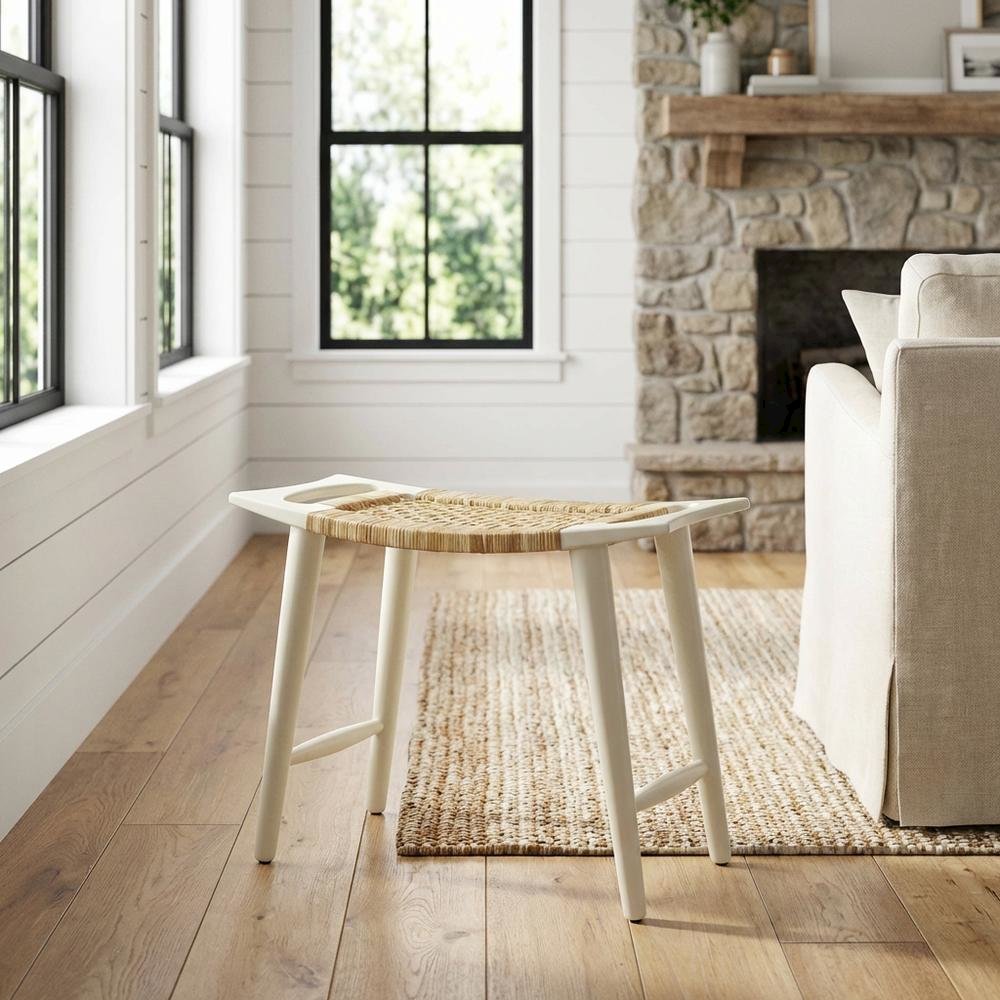 Distressed Wood Accent Stool, Coastal Style Accent Seating for Living Room