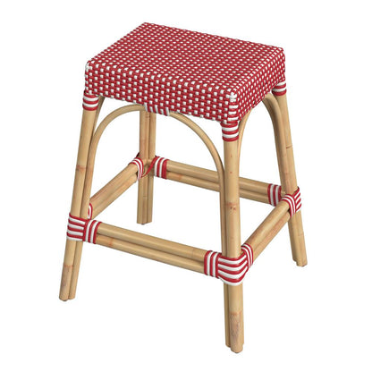 Robias Rectangular Rattan 24.5" Counter Stool, Red and White Dot