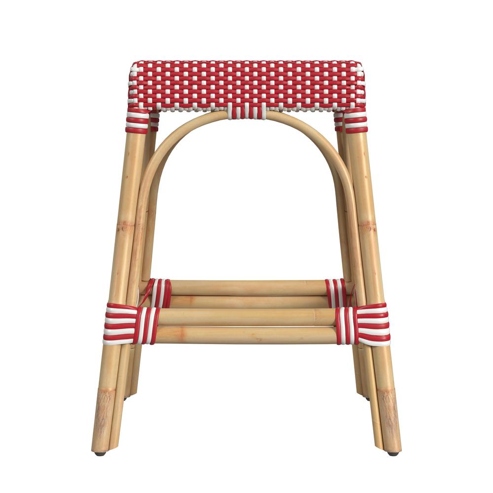 Robias Rectangular Rattan 24.5" Counter Stool, Red and White Dot