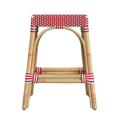 Robias Rectangular Rattan 24.5" Counter Stool, Red and White Dot