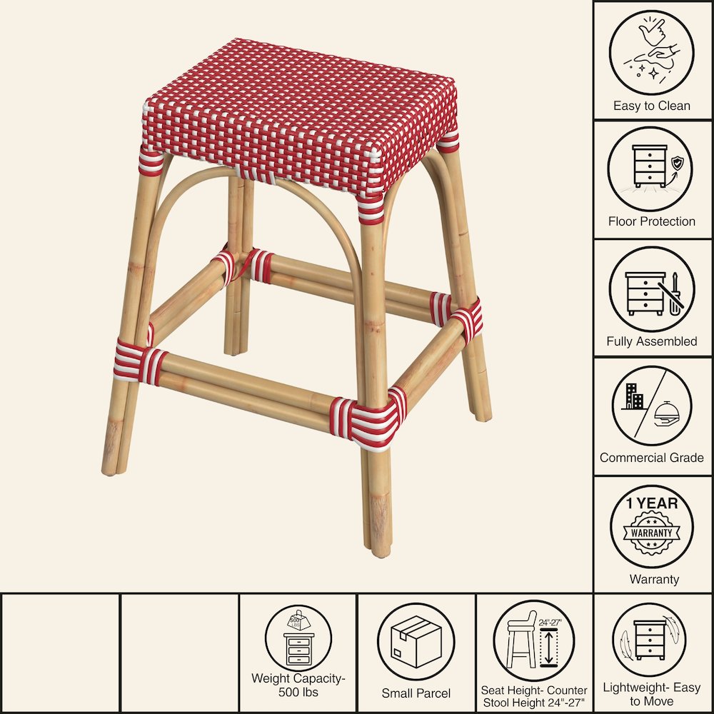 Robias Rectangular Rattan 24.5" Counter Stool, Red and White Dot