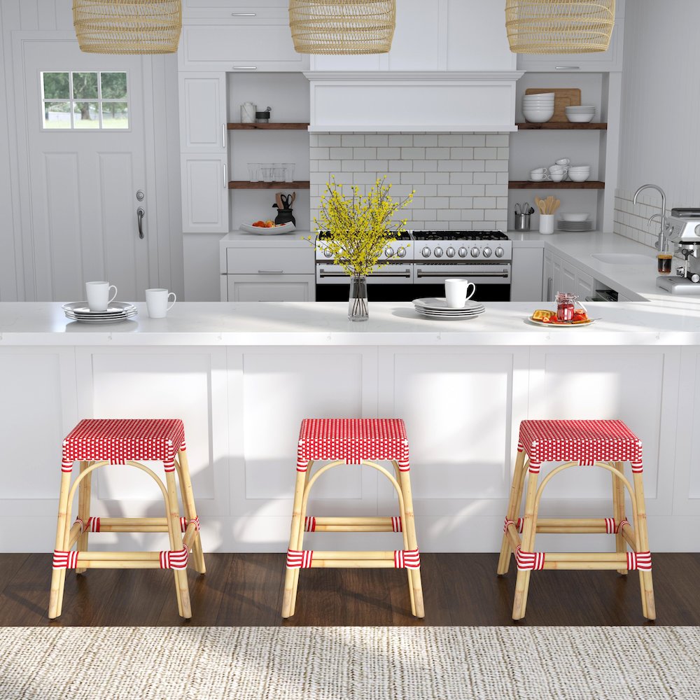 Robias Rectangular Rattan 24.5" Counter Stool, Red and White Dot