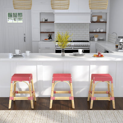 Robias Rectangular Rattan 24.5" Counter Stool, Red and White Dot