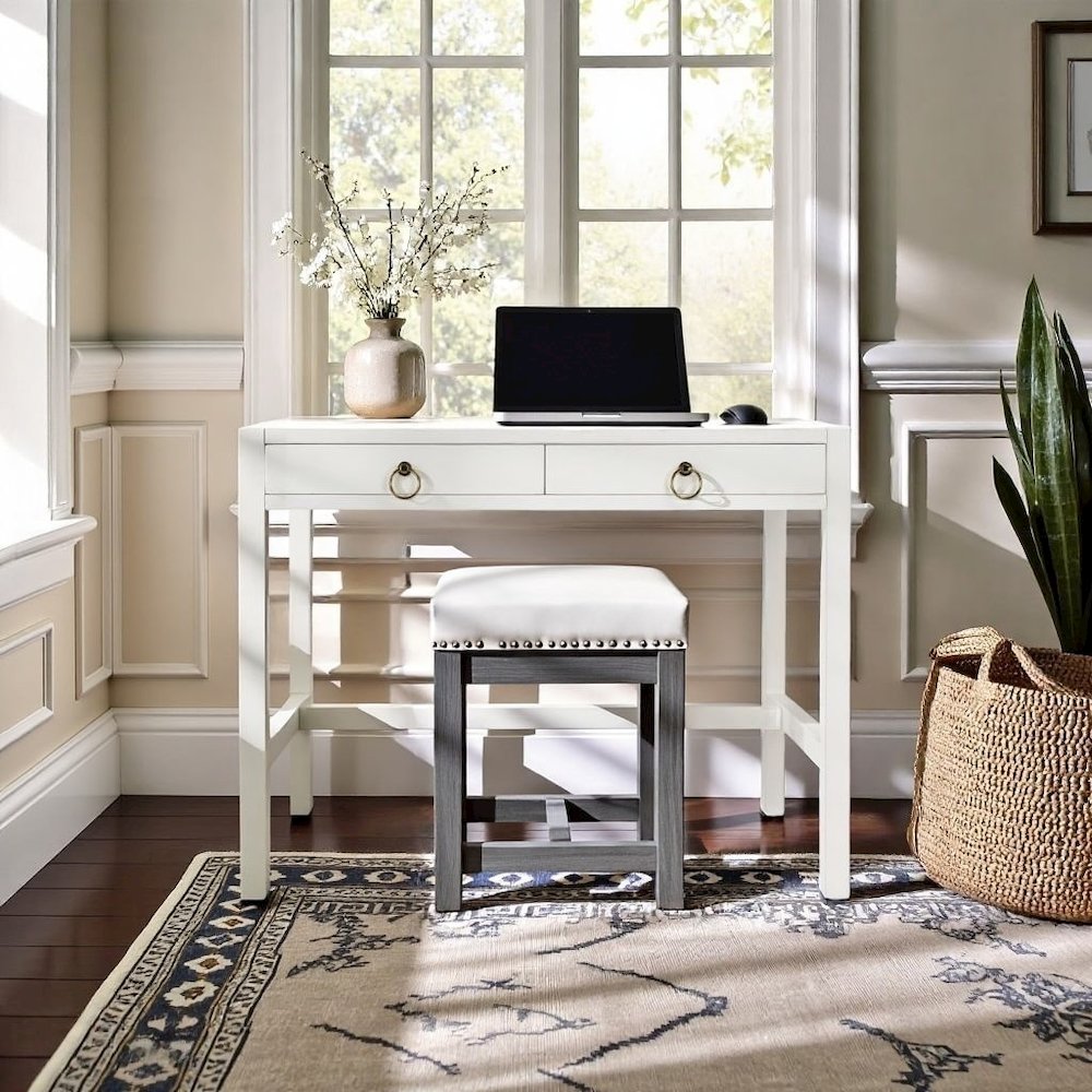 White Writing Desk with Drawer – Narrow Desk with Drawers for Home Use