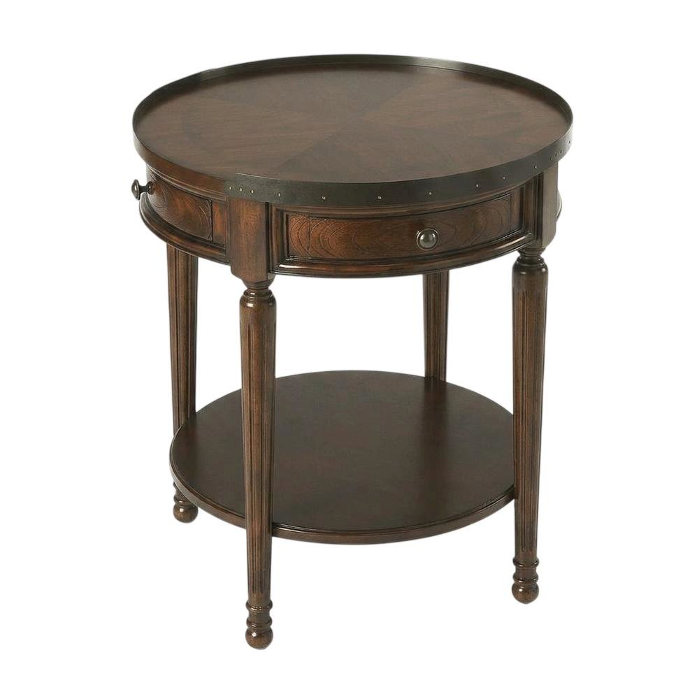 Round Side Table with Drawer, Transitional Accent End Table, Cherry