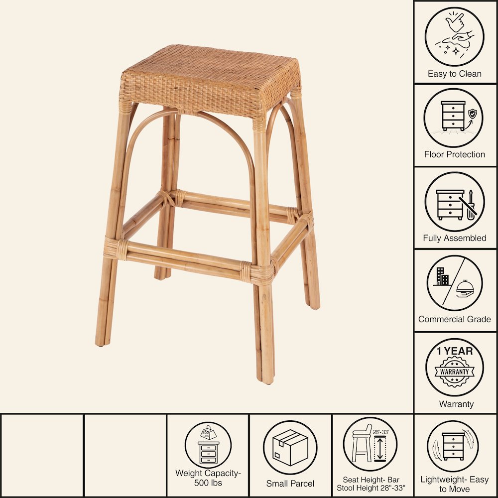 Robias Rectangular Rattan 30" Bar Stool, Natural