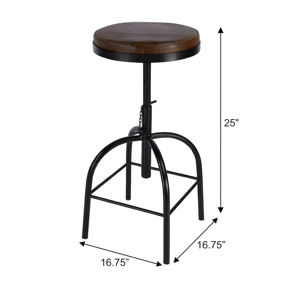 Leather-Upholstered Adjustable Bar Stool with Iron Frame, Distressed Finish