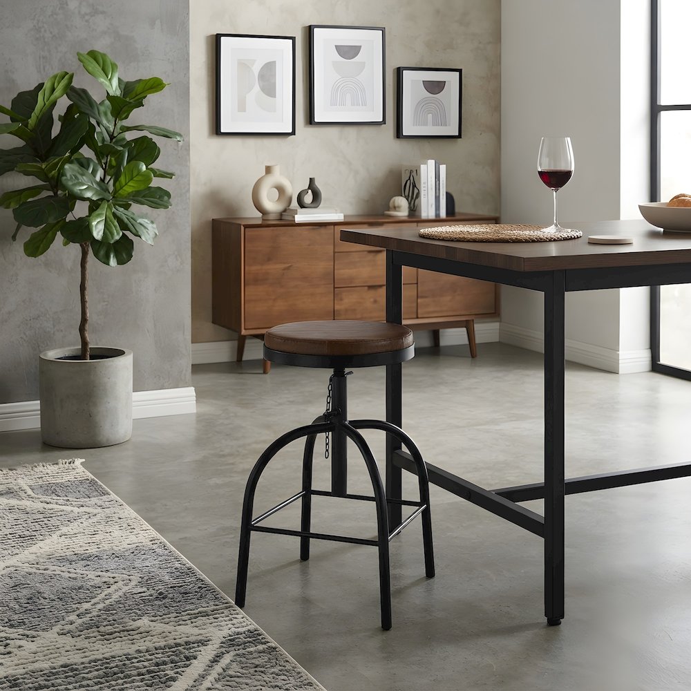 Leather-Upholstered Adjustable Bar Stool with Iron Frame, Distressed Finish