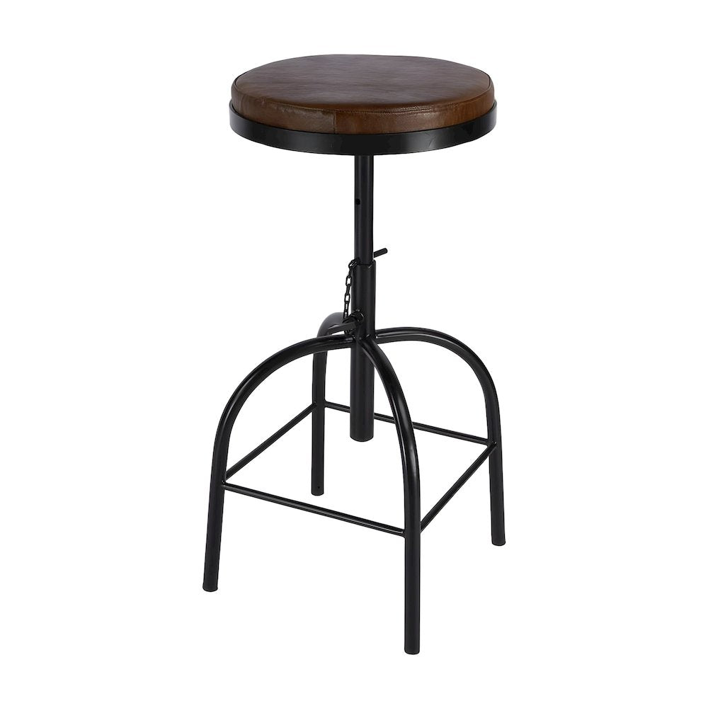 Leather-Upholstered Adjustable Bar Stool with Iron Frame, Distressed Finish