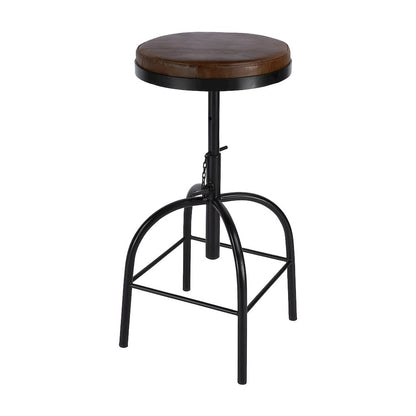 Leather-Upholstered Adjustable Bar Stool with Iron Frame, Distressed Finish