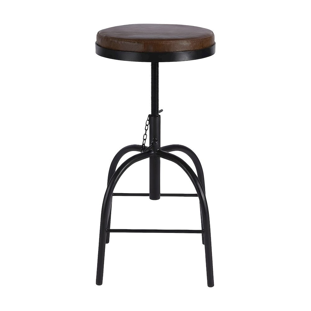 Leather-Upholstered Adjustable Bar Stool with Iron Frame, Distressed Finish