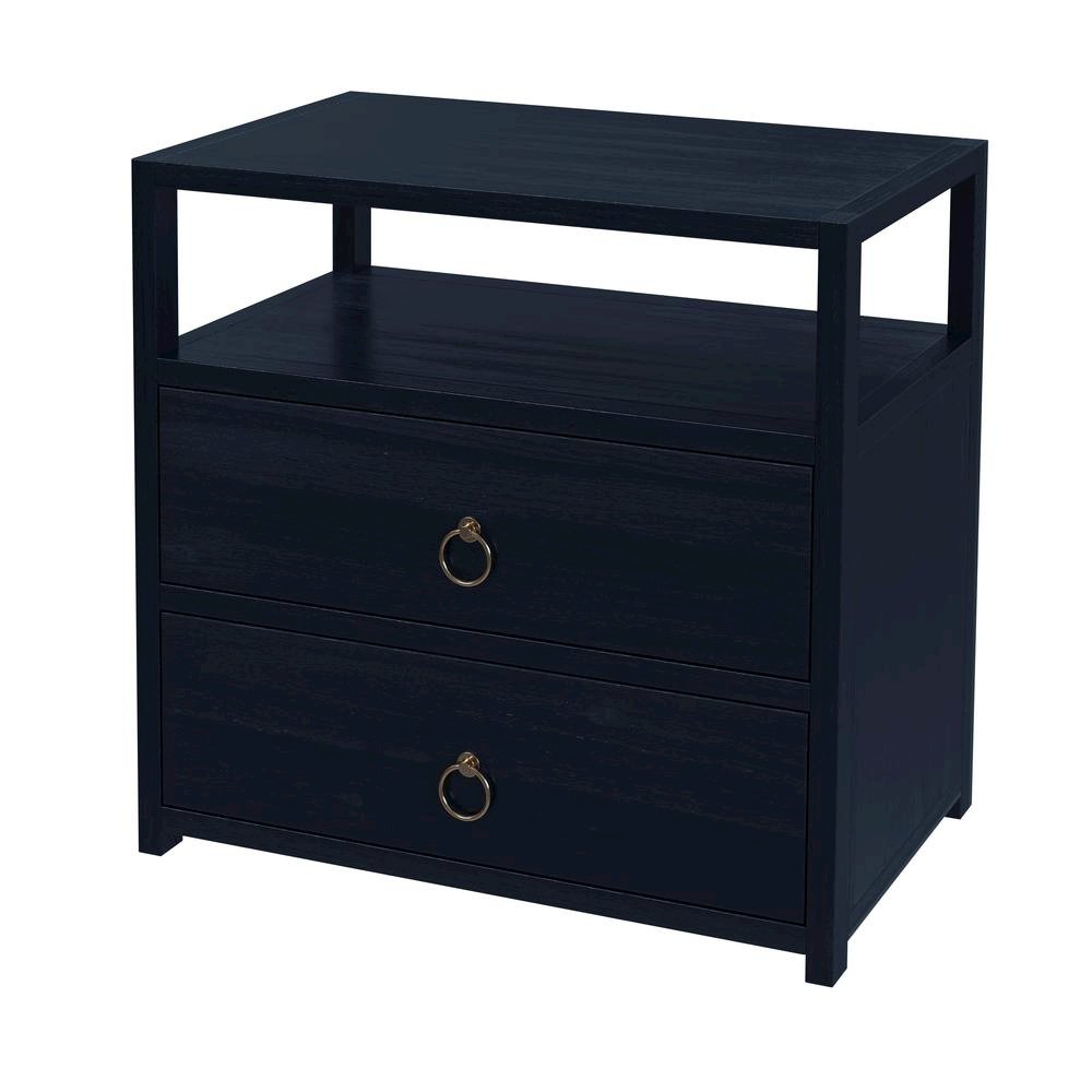 Navy Blue Nightstand – Wide Wood Night Stand with Two Drawers in Blue