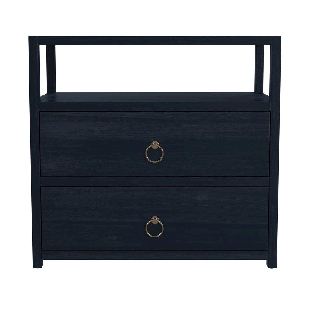 Navy Blue Nightstand – Wide Wood Night Stand with Two Drawers in Blue