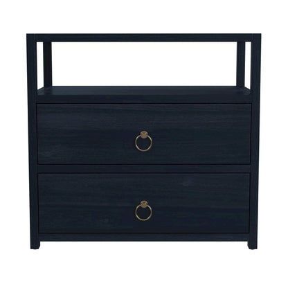 Navy Blue Nightstand – Wide Wood Night Stand with Two Drawers in Blue