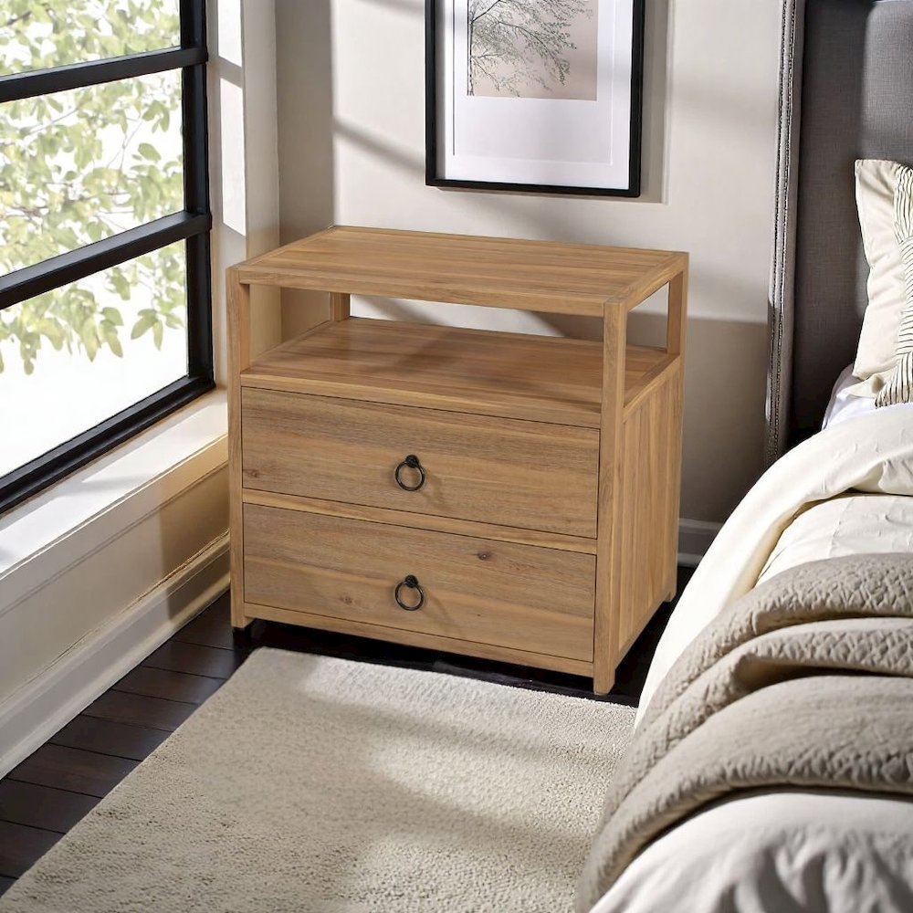 Brown Night Table – Wide Wood Night Stand for Bedroom with Two Drawers