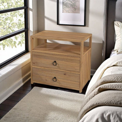 Brown Night Table – Wide Wood Night Stand for Bedroom with Two Drawers
