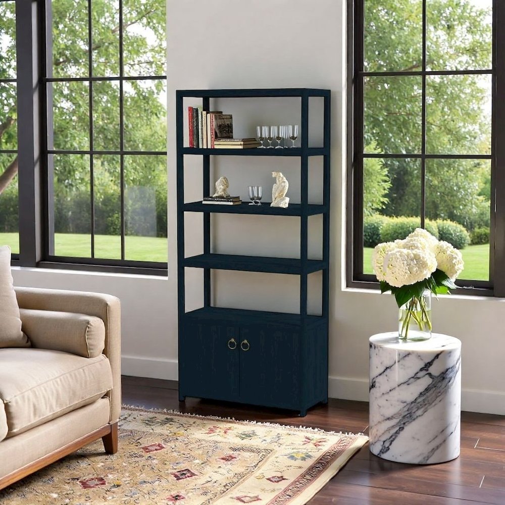 Blue Bookcase with Cabinet and Drawers – Wood Shelf Cabinet Design