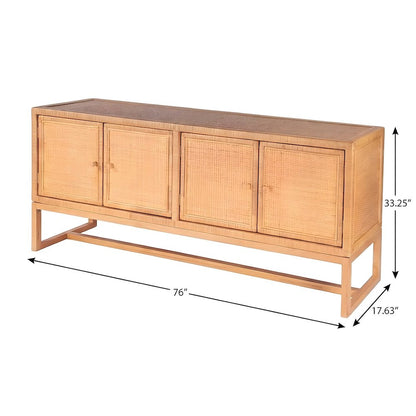 Rattan-Paneled Solid Wood Sideboard with Doors, Coastal Buffet Cabinet